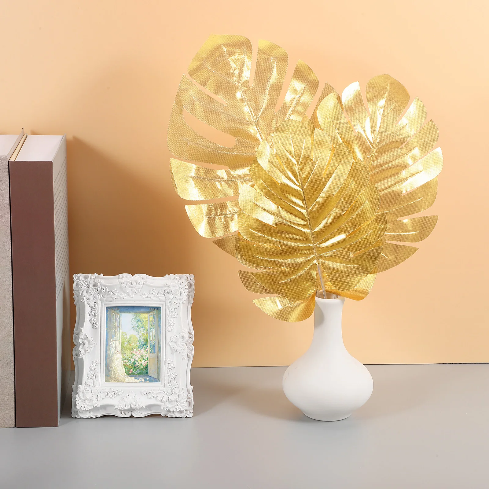 

12Pcs Premium Golden Monstera Leaves Artificial Simulation Plants Sturdy Non-Fading Decor for Indoor Outdoor Events Wedding