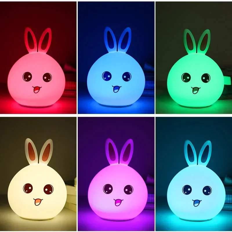 Soft Silicone Night Light Cute Rabbit Lamp Touch Sensor Colorful Bedroom Cartoon Decor Bedside Lamp for Children Kid\'s Gift