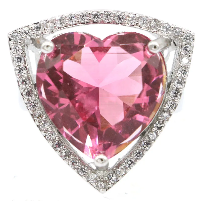 

21x21mm Big Heart Gemstone Pink Morganite Rich Blue Violet Tanzanite CZ Dating Silver Rings Many Sizes