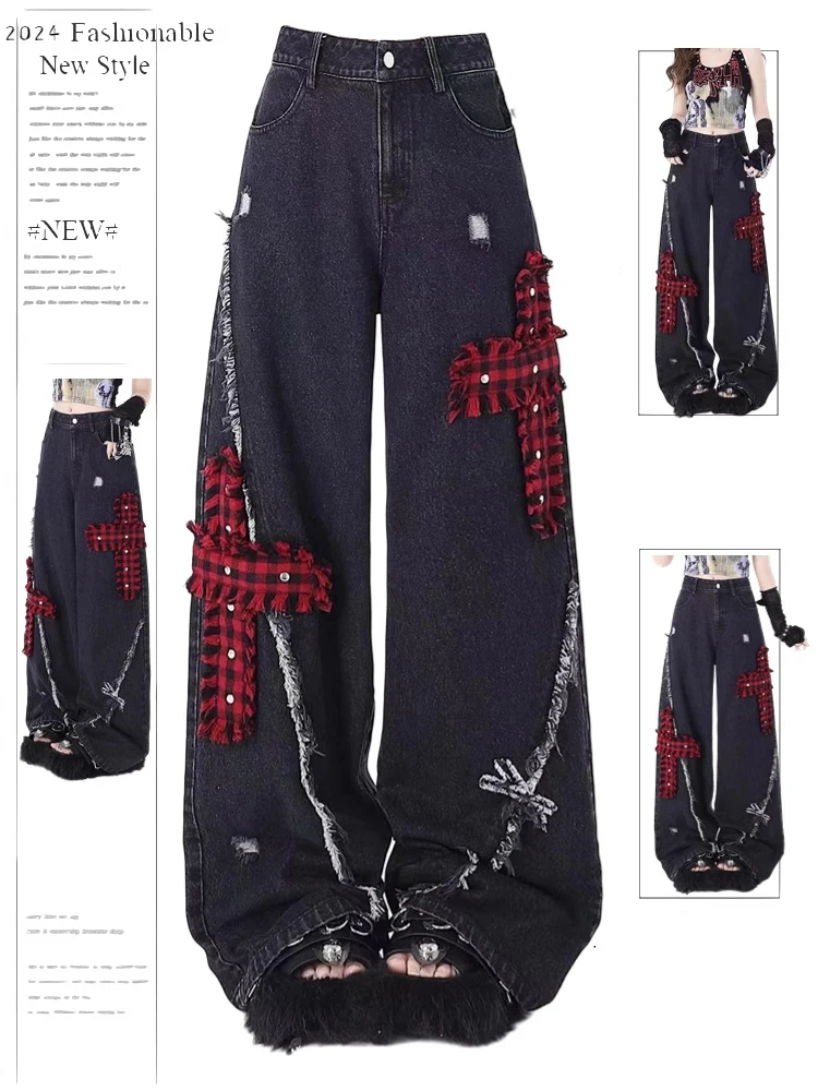 Women's Black Gothic Baggy Y2k Jeans Vintage Streetwear Cowboy Pants Harajuku Denim Trousers Aesthetic Emo Trashy 2000s Clothes