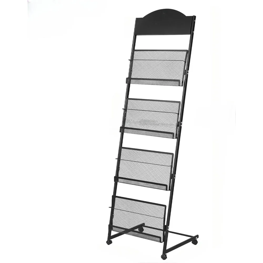 Magazine Rack: Floor Mounted Magazine Rack 4-layer wheels, high hardness metal brochure magazine display rack