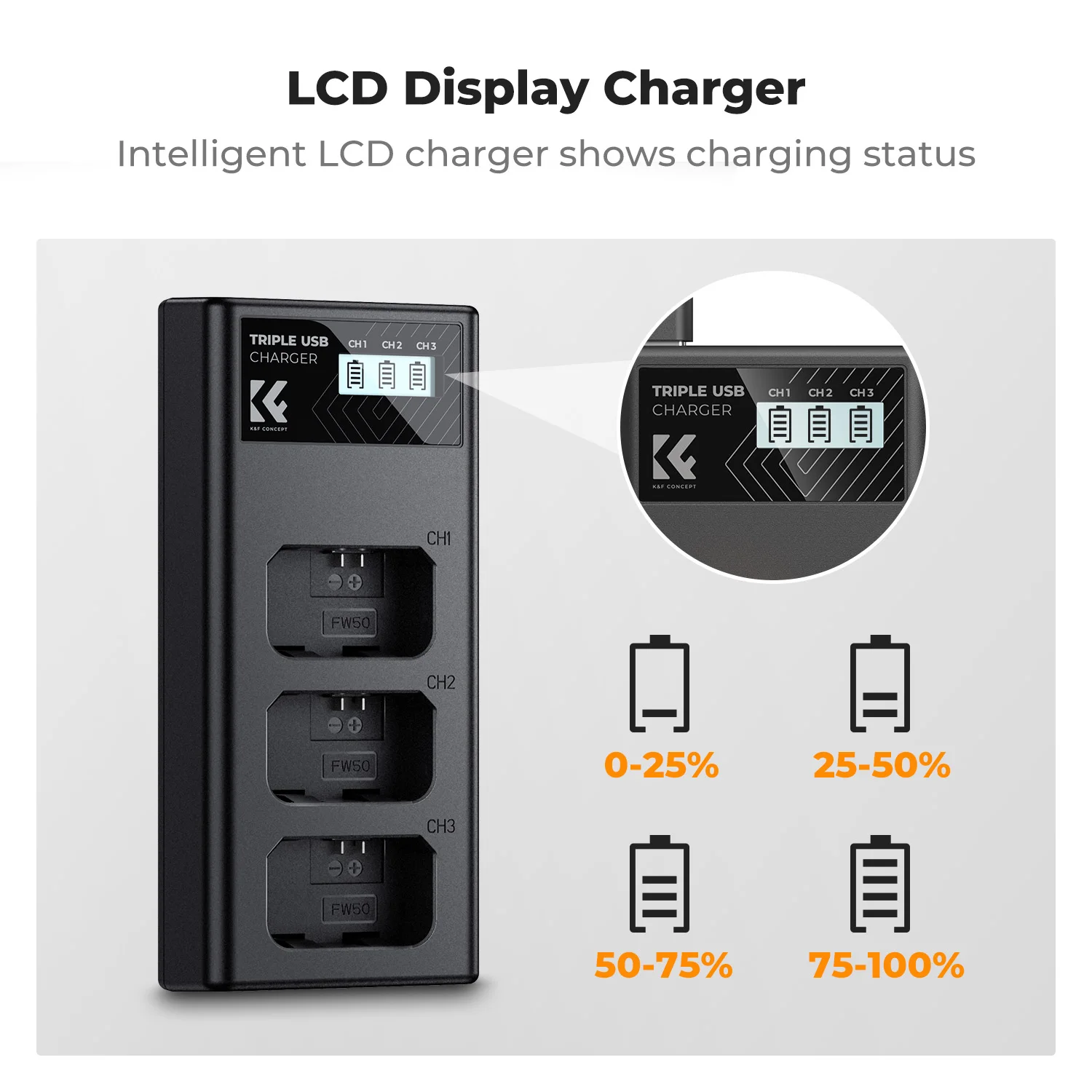 K&F Concept NP-FW50 Charger 3-Slot ZV-E10 Battery Charger with LCD Display for Sony A6400 A6600 ZV-E10 A7 A7ii Cameras Camcorder