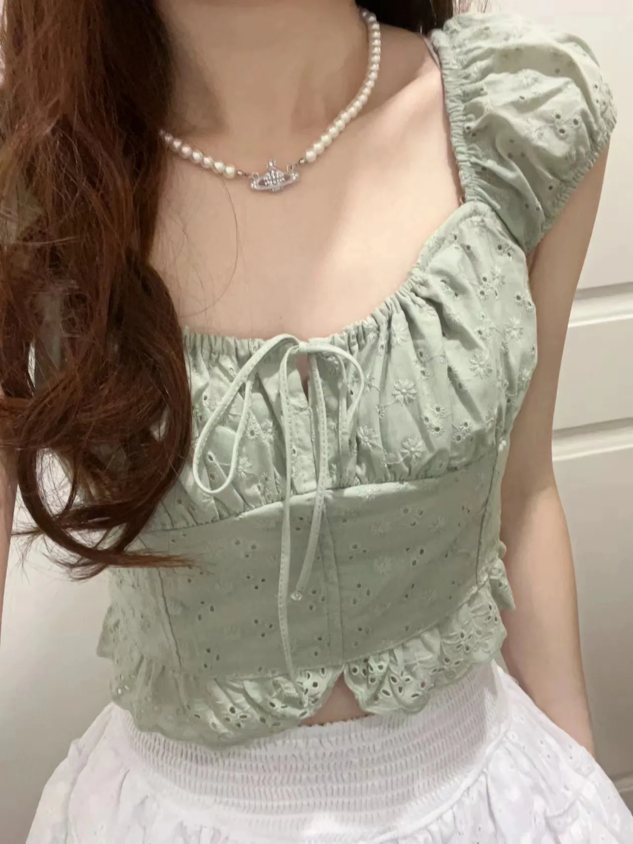 Square Collar Lace-up Chic Summer T-shirts Flower Embroidery Tight Sexy Crop Top Sweet White Versatile Short Sleeve Tee Tank