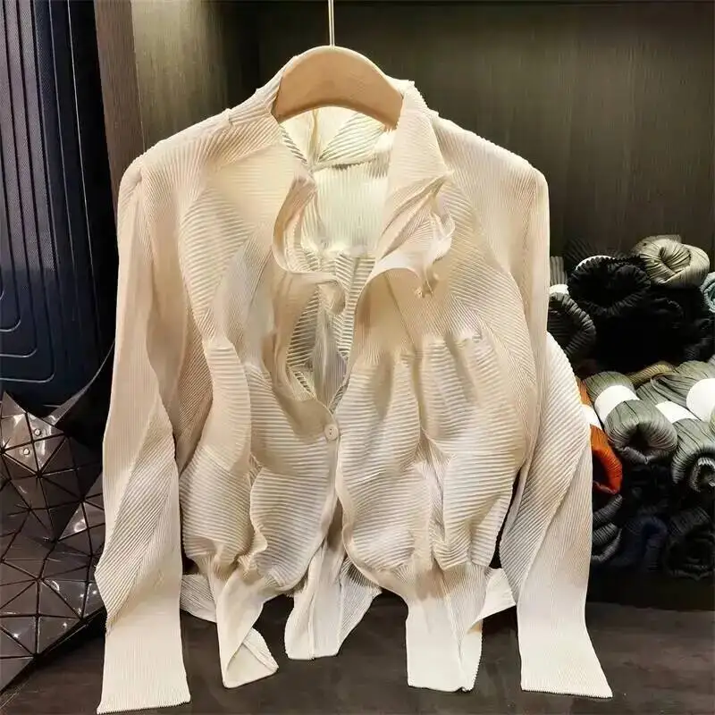 Design Irregular Niche Handmade Bud Solid Color Casual Women's Shirt Elastic Single Button Long Sleeve Blouse 2UVXY