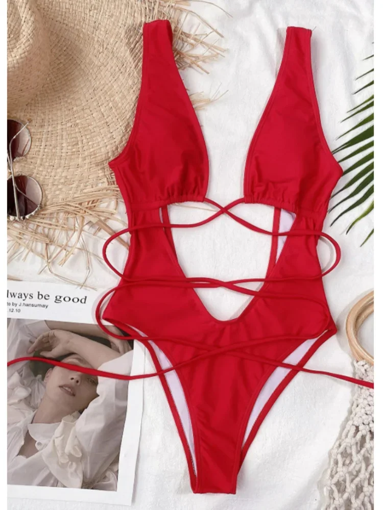 2025 Red Sexy One Piece Swimsuit Women Lace Up Strappy Plunge Swimwear High Cut Bathing Suits Beach Wear Monokini Swimming Suit