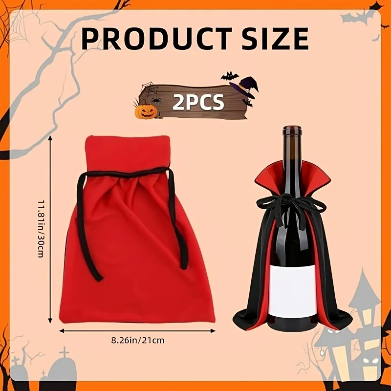 2Pcs Halloween Wine Bottle Covers, Knitted Vampire Cloak Bottle Sleeve Decor, Black & Red Color, for Halloween Party, Home Decor