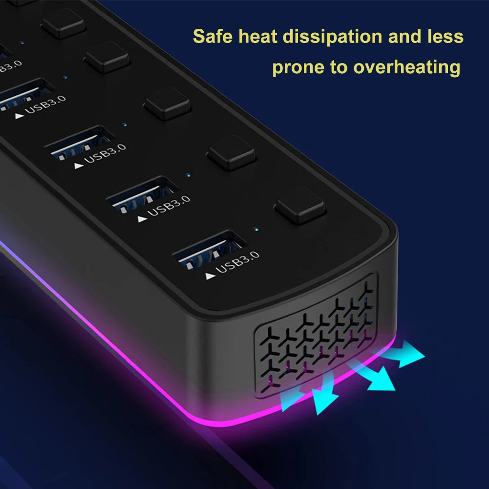 USB 3.0 Power Adapter 7 Ports Multi USB Splitter Hub USB Hub 2.0 USB Multiple Expander With Backlit 5Gbps Docking Station