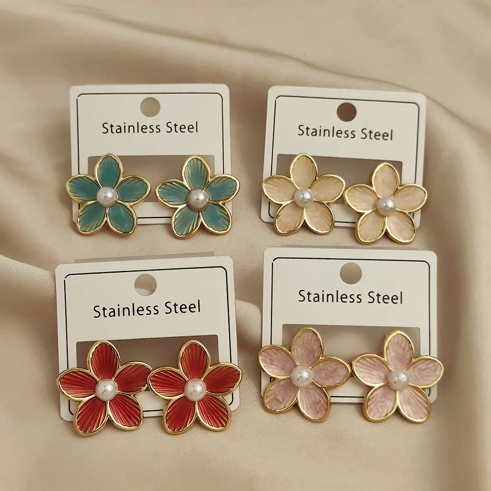 

Creative five-leaf flower colorful enamel stainless steel earrings, waterproof and rusty-free women's earrings, party jewelry