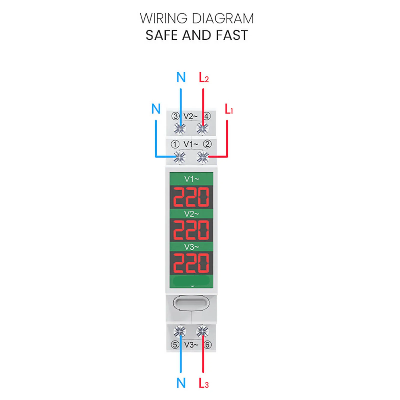 60‑450V 3 Phase AC Voltmeter Din Rail Mount LCD Digital Display Voltage Meter Electric Power Meter 60‑450V