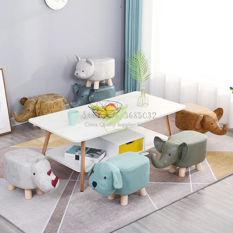 Cheap Handmade Animal Chair Cute Children Ottoman Wood Stools Kids Shoes Sofa with Plush Cartoon Cover Upscale Baby Chairs Bench