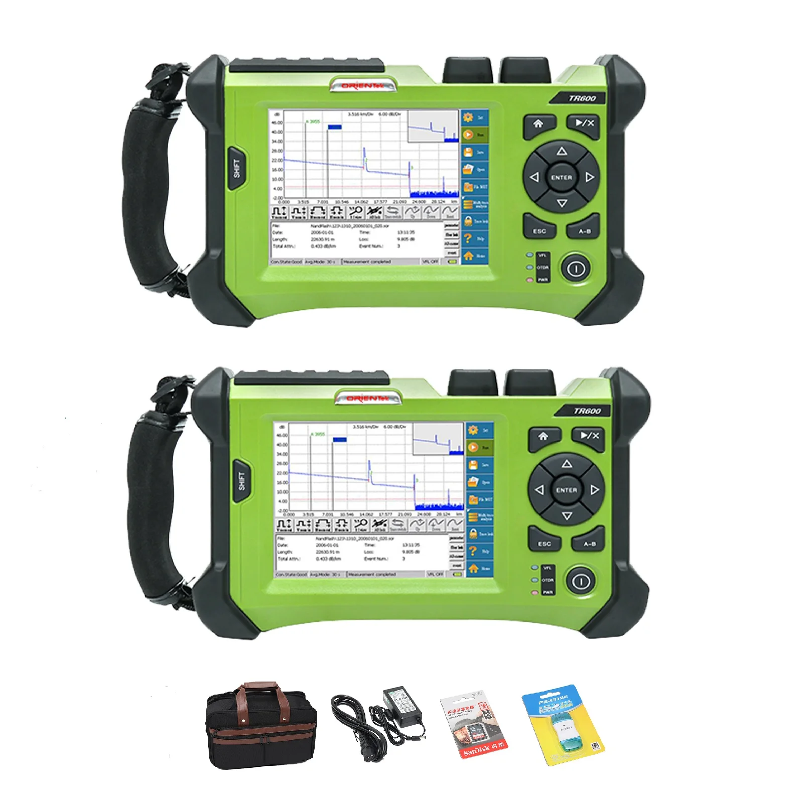 

ORIENTEK 1310 1550nm OTDR 2 Packs TR600 Single Mode 32 30dB with VFL 5.7 Inch Touch Screen 1.8m Extra Shot Event Dead Zone