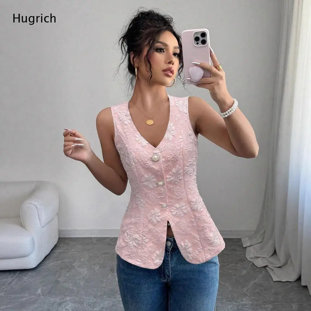 Elegante Damen-Weste mit Blumenspitze, Ärmellos, V-Ausschnitt und Perlenknopf-Details, Schlanke Passform, Sommer-Mode-Weste für Casual-Anlässe
