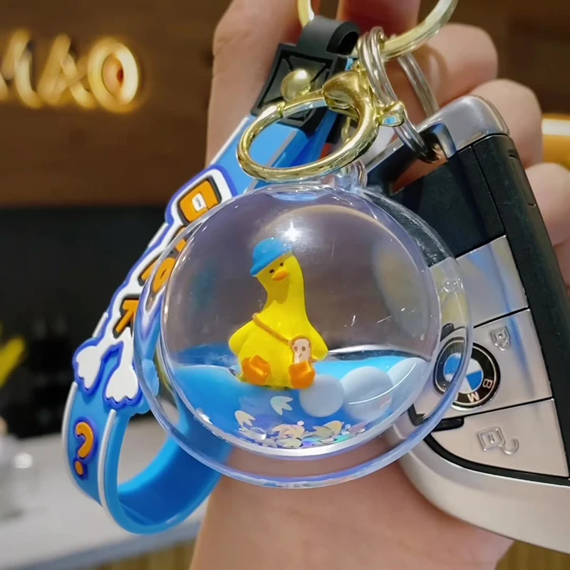 Cartoon Acrylic Ball Into Oil Floating Tilted Duck Liquid Keychain Holder Cute Hat Duck Animal Sequin Key Chain Girl Bag Pendant image 3