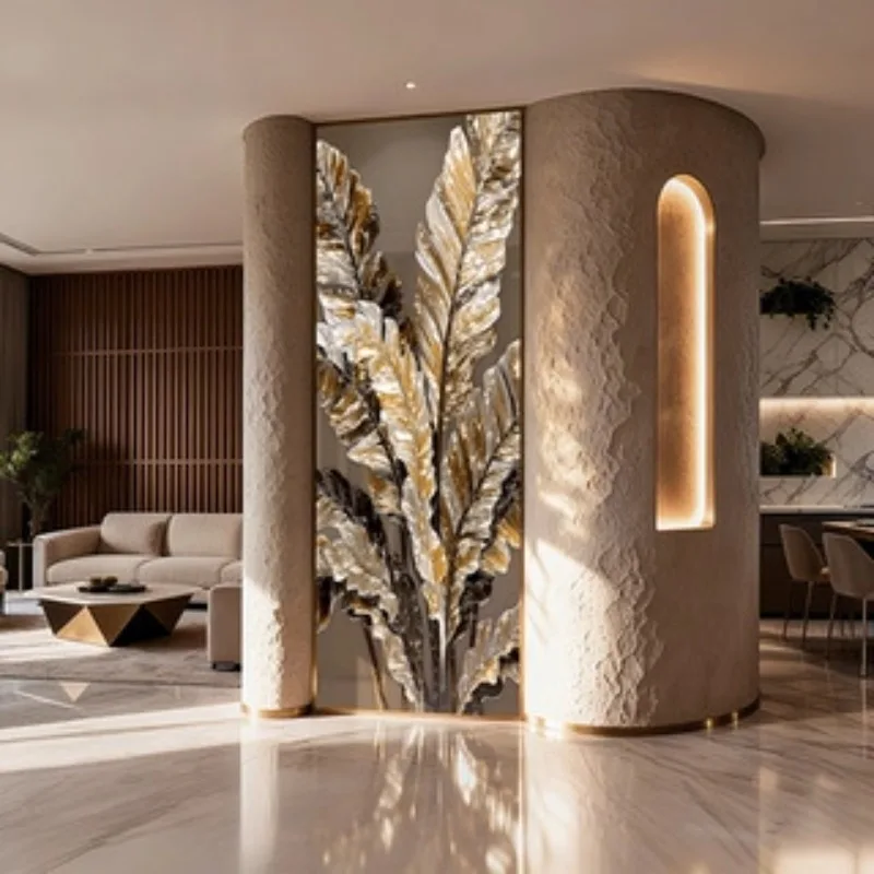 minimalist style gold handmade enamel colored glass screen entrance corridor art partition decorative painting high sense