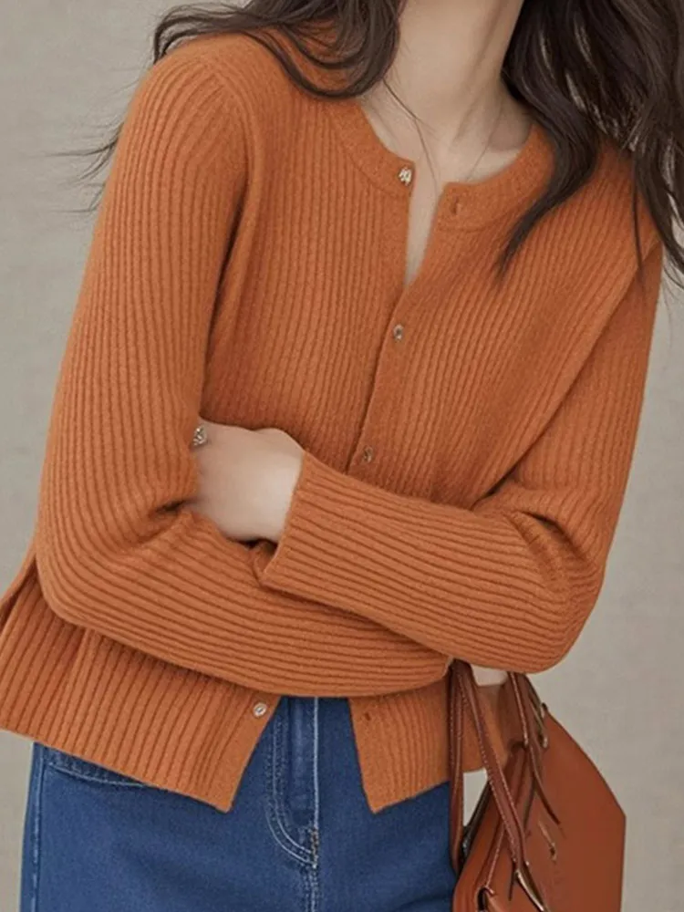 

Autumn Pure Color Knitted Long Sve Sweater Women's Casual Sle Soft And Cozy Open Cardigan Korean Version Straight Cut