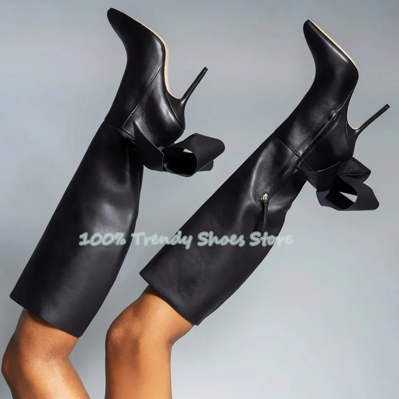 

Fashion Butterfly Knot Decor Knee High Women Boots Pointed Toe High Heel Long Boots Ladies Side Zipper Motorcycle Boots