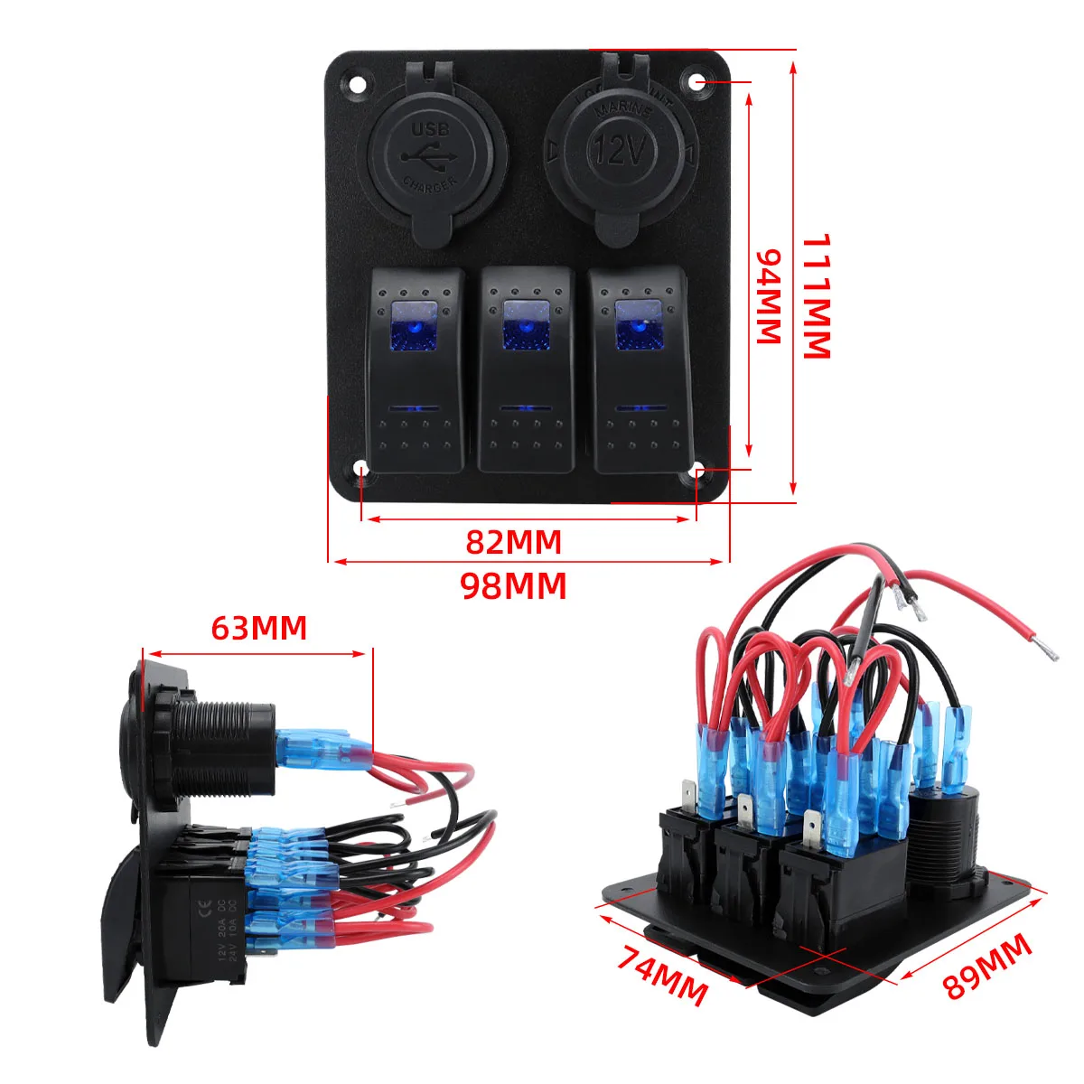 3+2 Position Ship Type Switch Panel, 4.2A Car Charger with Voltmeter & Cigarette Lighter Socket Combination Panel for Car RV Yac