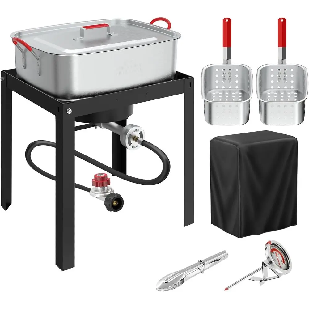 

Outdoor Propane Deep Fryer with 2 Baskets, Tongs, Cover, Lid, and Thermometer - Perfect for Fish, Chicken Wings, and Outdoor Eve