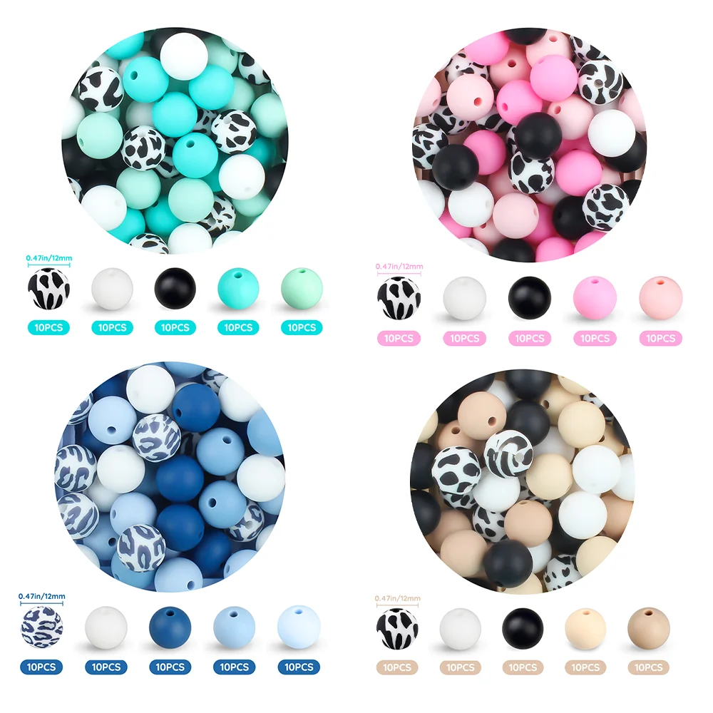 50Pcs 12MM Round Silicone Beads Leopard Print Round Ball Pearl DIY Chewable Baby Safe Teether Toys Baby Teething Beads Accessory