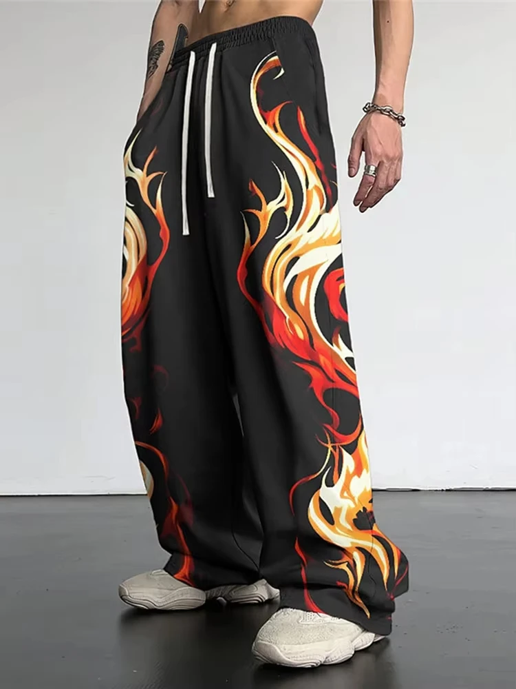American High Street Flame Full Print Wide Leg Casual Pants Men's Trendy Brand Hip Hop Drawstring Elastic Waist Straight Pants