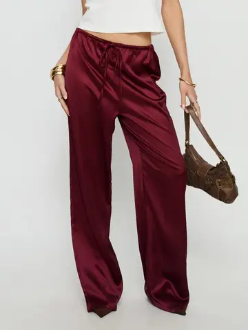 Women Casual Satin Silk Wide-leg Pants Solid Color Elastic Waist Drawstring Straight Trousers 2025 Autumn Bottoms