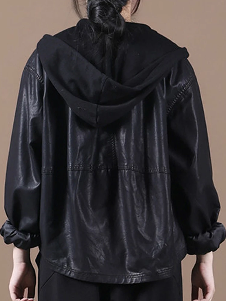 Amax luluE Autumn European Womens Black Hooded Faux Leather Jackets Ladies Classic Leisure Pu Biker Coat Loose Vintage Clothing