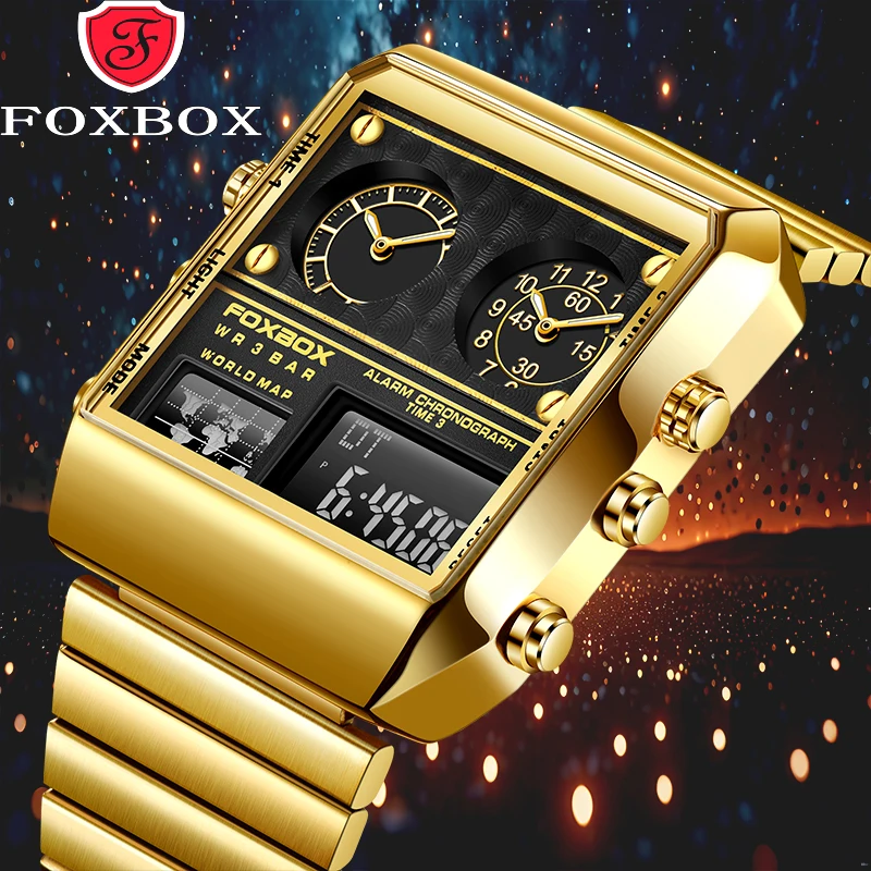 

FOXBOX New Luxury Men Watches Creative Square Digital Watch Fashion Dual Display Electronic Watch For Man Relogio Masculino+Box