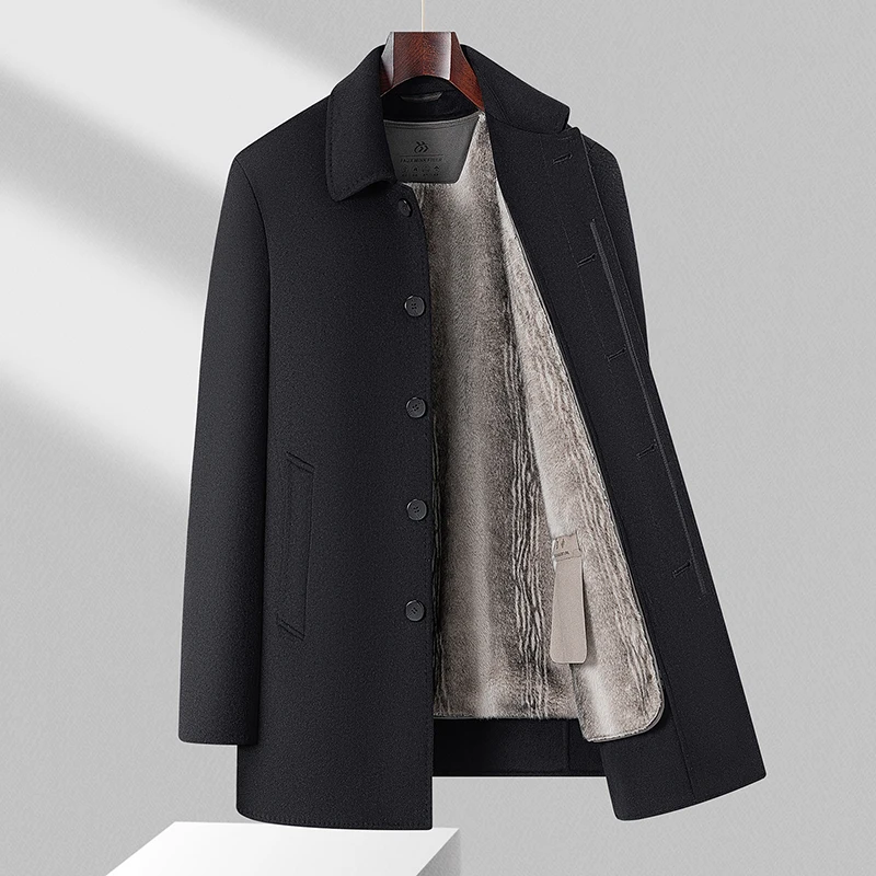 High-Quality Fashionable Classic Collar Wool Coat for Men with Detachable Nano Mink Inner Lining Mid-Length Double-Sided Nylon O