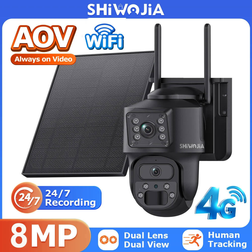 SHIWOJIA 7/24 Recording Solar Battery Camera 4G 8MP WiFi AOV Dual Lens Security IP Camera 10500mAh Battery Night Vision UBOXPRO