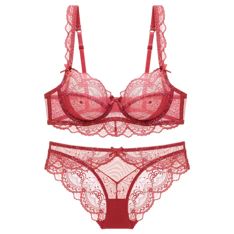 

Ultrathin Bra Panties Sets Transparent Brassiere Sexy Underwear Set Plus Size D E Cup Embroidery Women Lingerie Set Lace Bras
