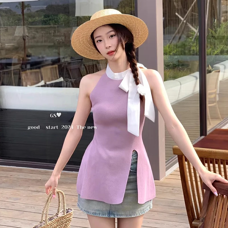 Women Summer Sleeveless Tank Neck Bowknot Tanks Lady Elegant Long Split Vest High Waist Slim Camis