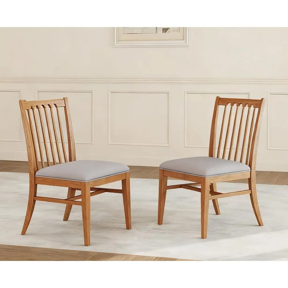 

Pair of Natural Wooden Barrel Chairs with Slat Back and Double-Layer Cushion, Chenille Grey for Dining or Living Room