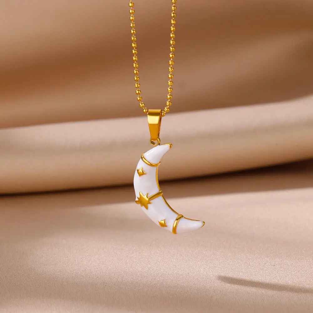 White Moon Pendant Stainless Steel Necklaces Gold Color Stars Necklaces for Women Aesthetic Waterproof Jewelry Accessories Gift