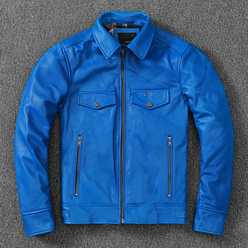 New Cowhine Leather Men Motorcycle Jacket Light Blue Slim Lapel Short Male Cow Leather Coat Spring Autumn Korean Style Clothes