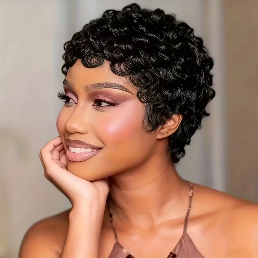 Brazilian Human Hair Wig, Short Pixie Cut with Bangs