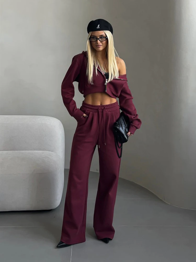 

Осенняя повседневная спортивная одежда, модные толстовки на молнии, укороченная куртка и брюки с высокой талией, женский комплект из двух предметов, спортивный костюм