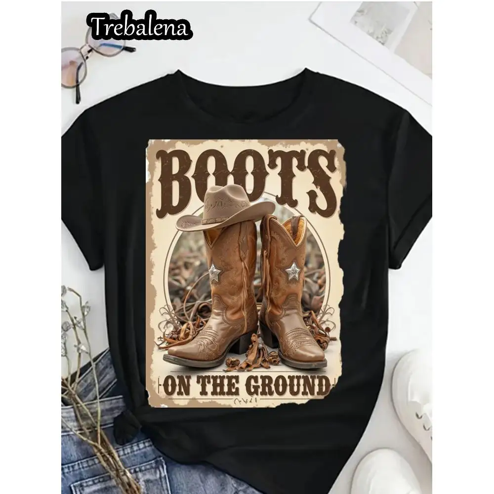 

Plus Size Women's T-Shirt Boots on the Ground Cowboy Boots Graphic Tee Western Style T-Shirt for Women Casual Summer Wear