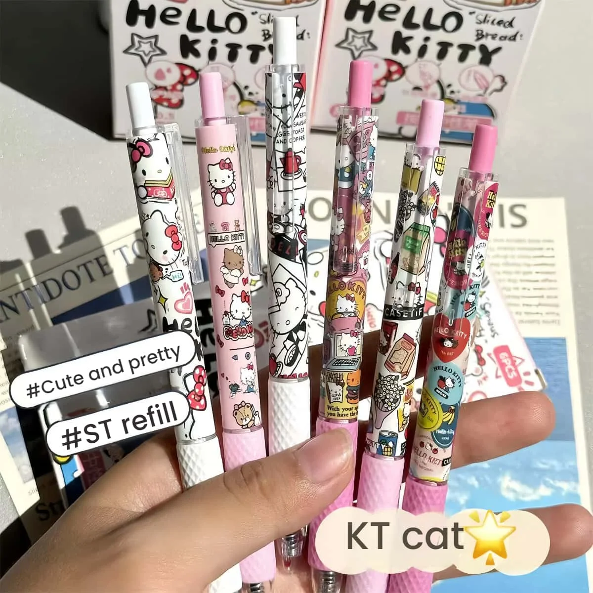6 قطع/مجموعة أقلام جل قابلة للسحب بتصميم جديد من Hello Kitty - نقطة رفيعة 0.5 مم، حبر أسود |   كتابة سلسة، قرطاسية كاواي لطيفة لـ S