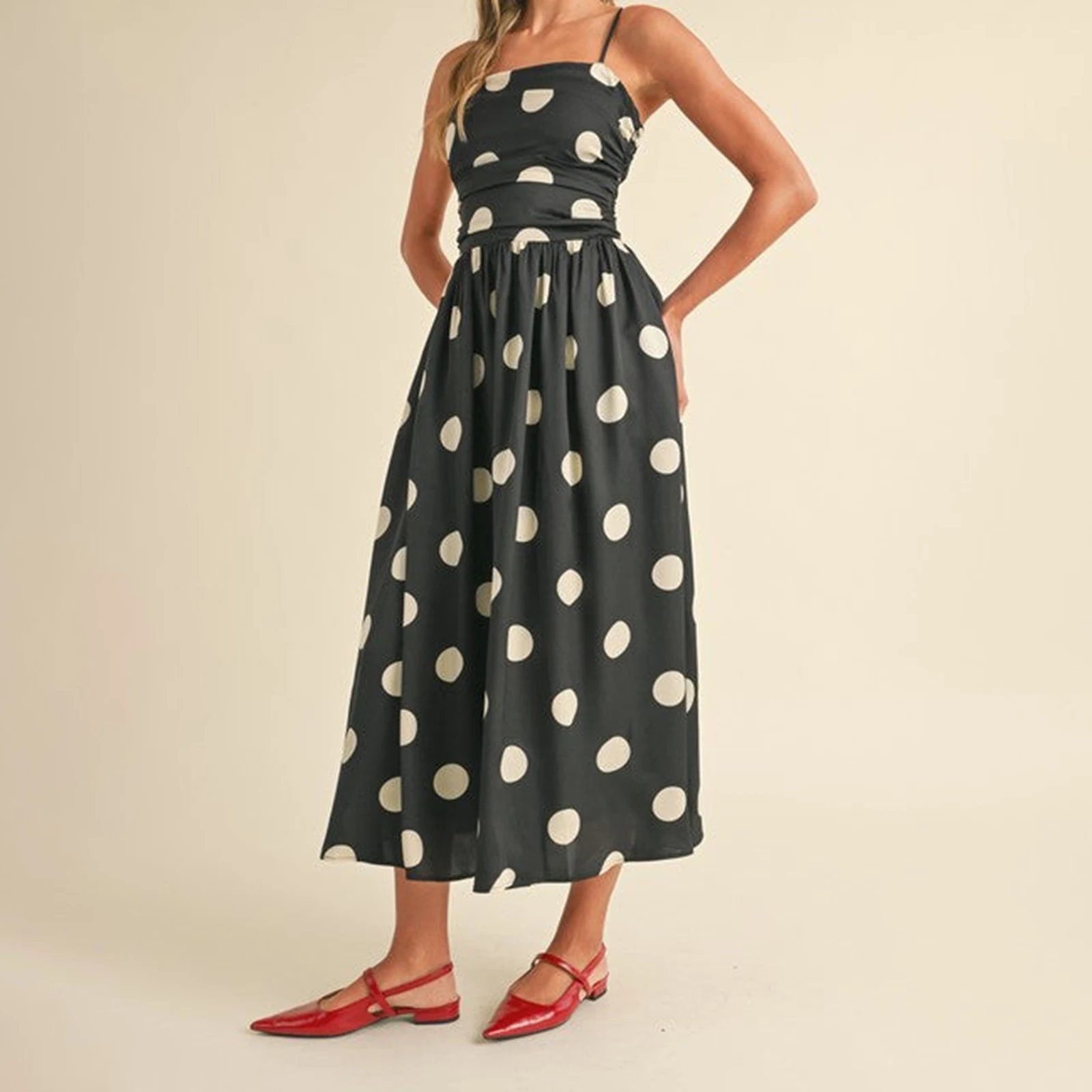 Abito da donna senza maniche con stampa a pois, scollo quadrato increspato, cinturino per spaghetti, abito lungo a trapezio per viaggi quotidiani