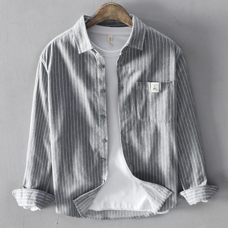 

Hong Kong Sle Striped Cotton irt Men's Long Sve Loose Fit Retro Japanese Korean Faion Outerwear Autumn Warmth