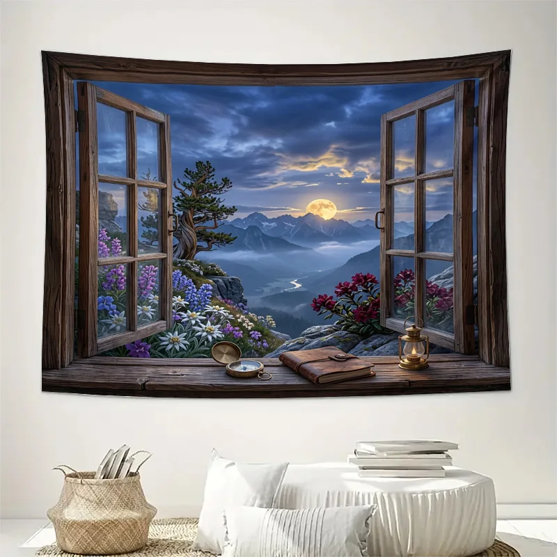Decorative Mountain Landscape Curtains Sheer Window Film Nature View Drapes Semi-Sheer Sunlight Filter for Living Room Home Ambi