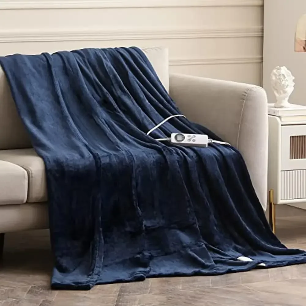 Electric Heated Blanket Twin Size with 10 Heat Levels Auto-Off Timer Double-Layer Flannel Navy Blue