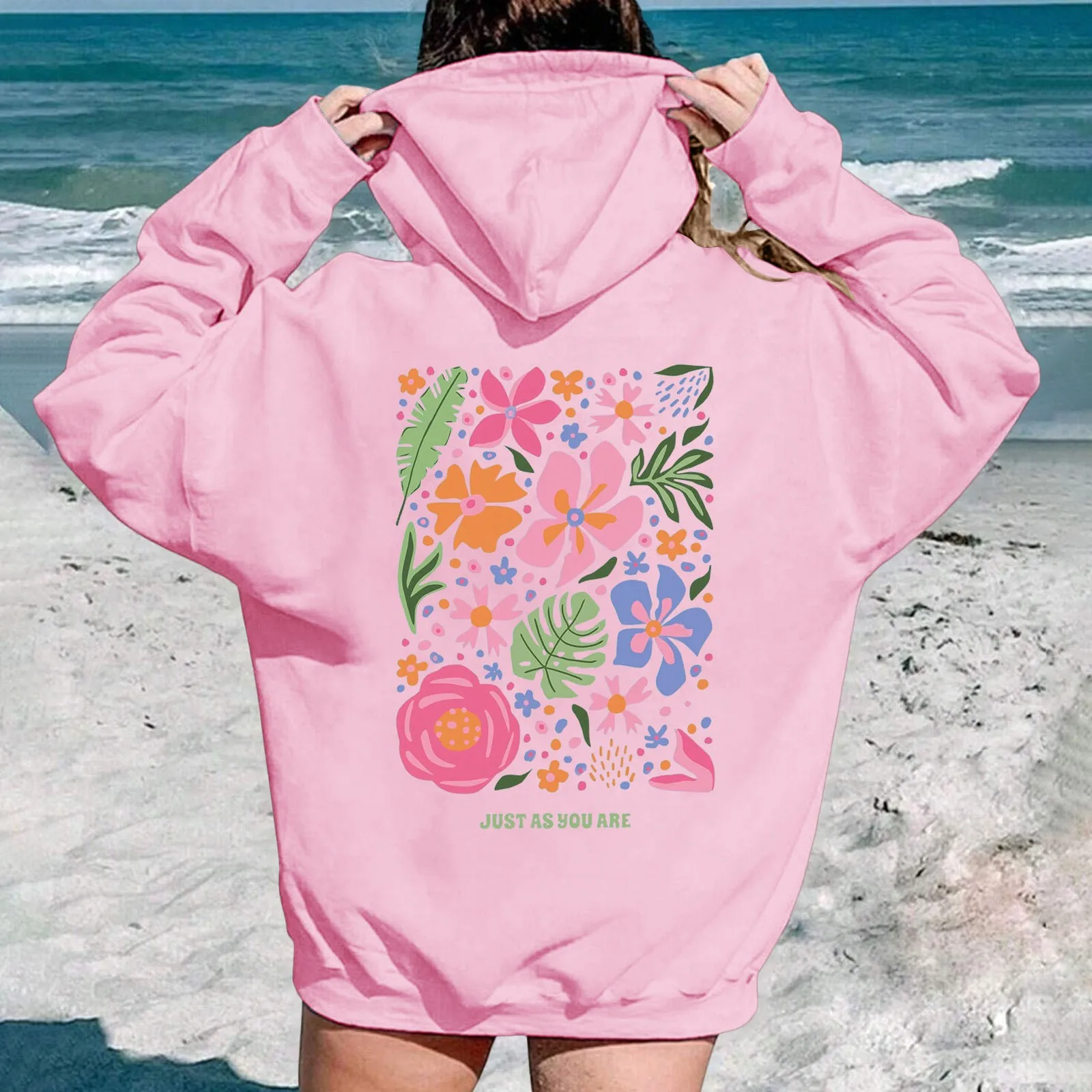 Holiday/Leisure Flower & Slogan Printed Hoodie With Drawstring Tops Senior Women Womens Sweatshirt Puff Shoulder