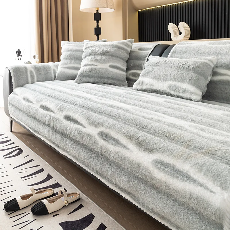 Water Drop Pattern Rabbit Plush Sofa Cushion Luxury Thickened Warm Sofa Cover for Winter Armless Antiskid Furniture Slipcover