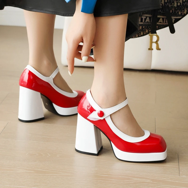 Fashion Punk High Heels Mary Janes Shoes Woman Platform Yellow Red Pink Women's Heeled Wedding Party Office Shoes Large Size 46 view 4