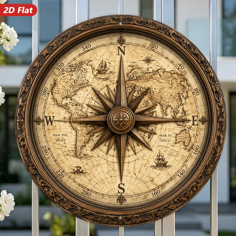 2D Flat, 1pc Round Wooden Sign, Vintage Compass Map Nautical Wall Decor, Artistic Embellishment Home Plaque