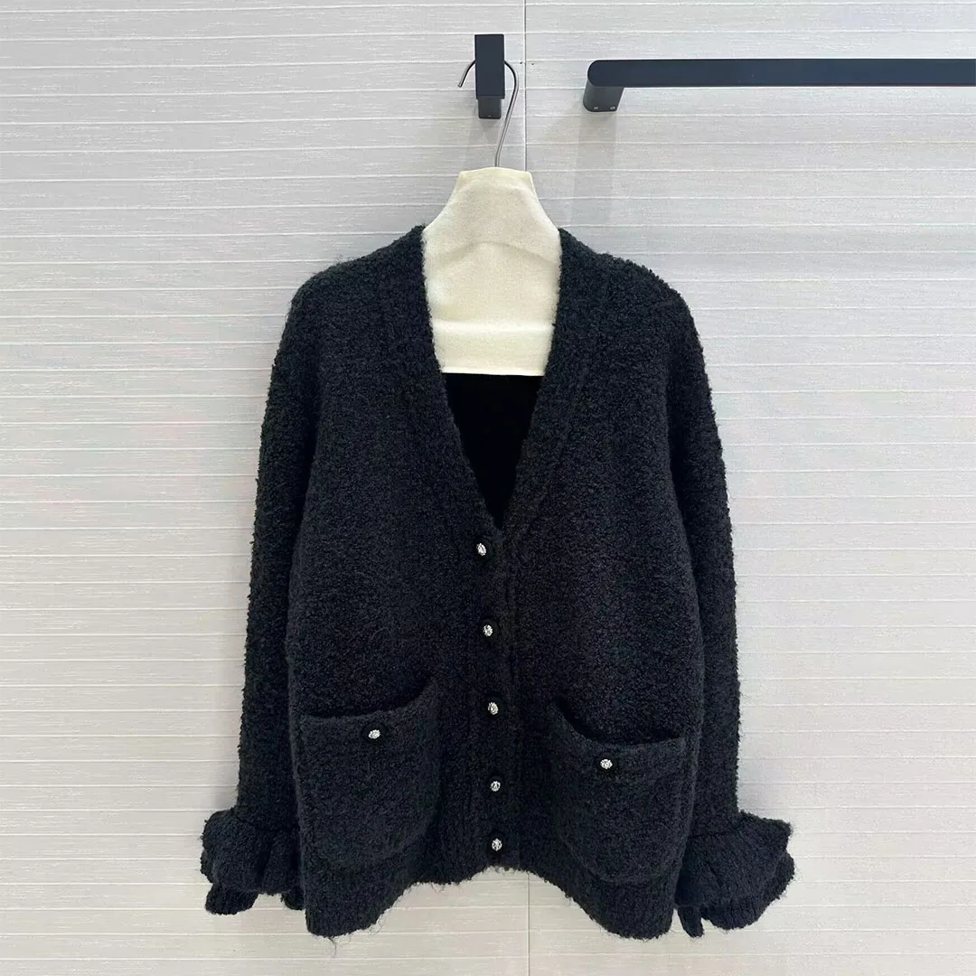 2024 New Autumn Fashion Wool Cashmere Knitting Women Sweater V-neck Single Breasted Flare Long Sleeve Pockets Sweet Cardigans