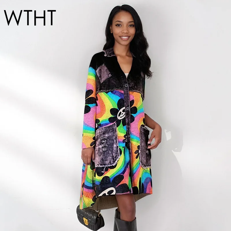 

WTHT Trendy New Women Color Print Knit Spliced Denim Long Jacket 2025 Winter Fashion Hooded Single Breasted Coat Female 1LS2622