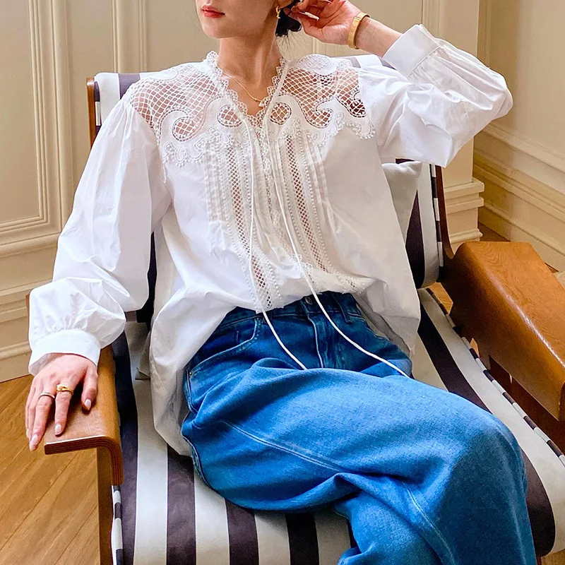 شبكة الدانتيل شيك الجوف خارج بلوزة قميص المرأة الخريف ملابس علوية بأكمام طويلة للربيع 100% القطن الأبيض فضفاض عطلة عادية مثير السيدات بلايز