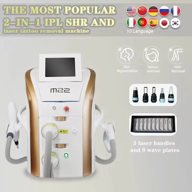 Prezzo di fabbrica 2 in 1 M22 Photon Ringiovanimento della pelle OPT IPL Rimozione dell'acne vascolare Nd Yag Tattoo Rimuovi macchina per la depilazione laser